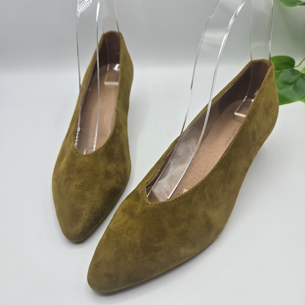 Madewell the Etta Pumps Spiced Olive Suede Pointed toe V-Cut Kitten Heel 7.5M